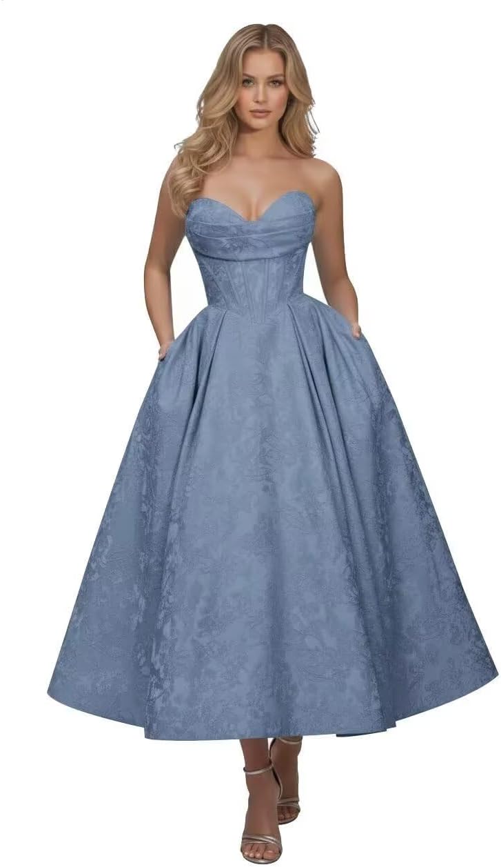 Strapless Floral Satin Prom Dresses for Women 2026 Jacquard Aline Formal Evening Party Dress with Pockets