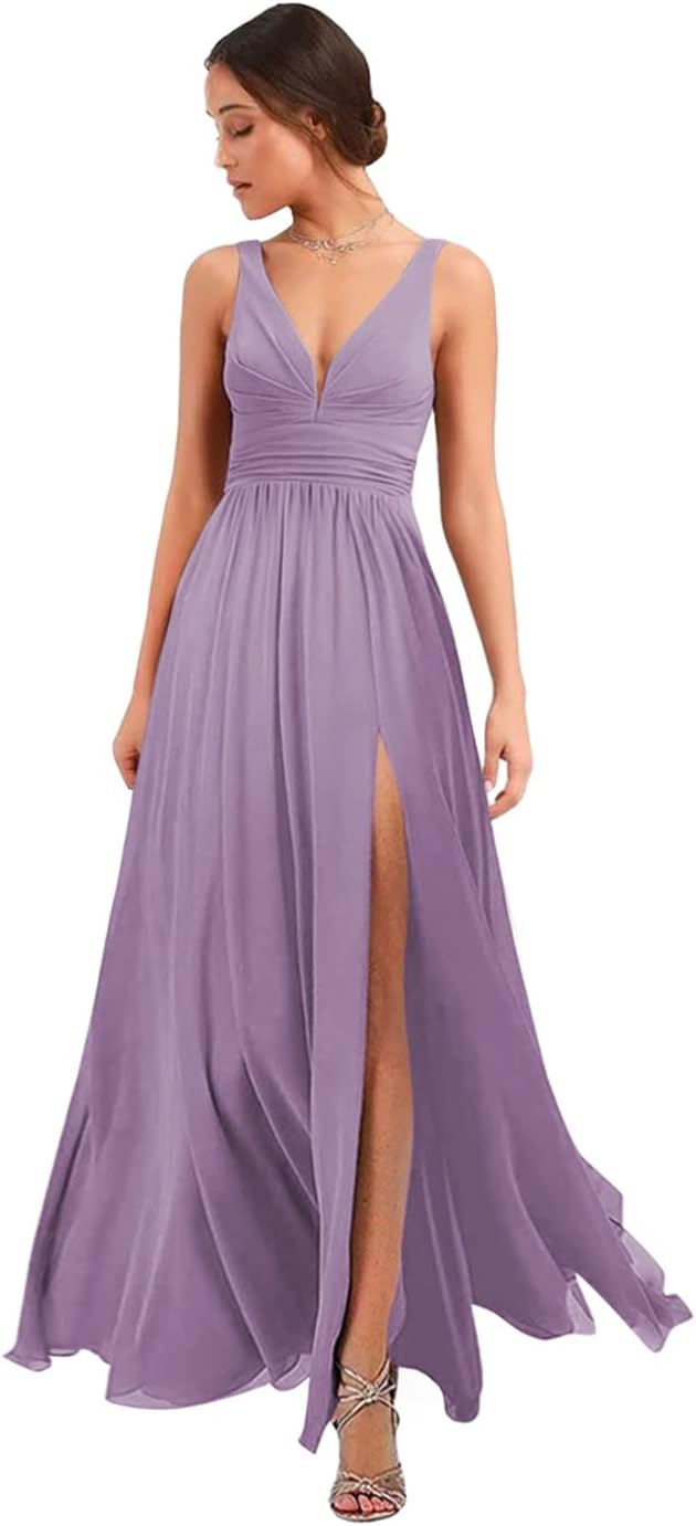 Women's Deep V Neck Bridesmaid Dresses with Slit Chiffon Pleats A Line Formal Party Dresses with Pockets