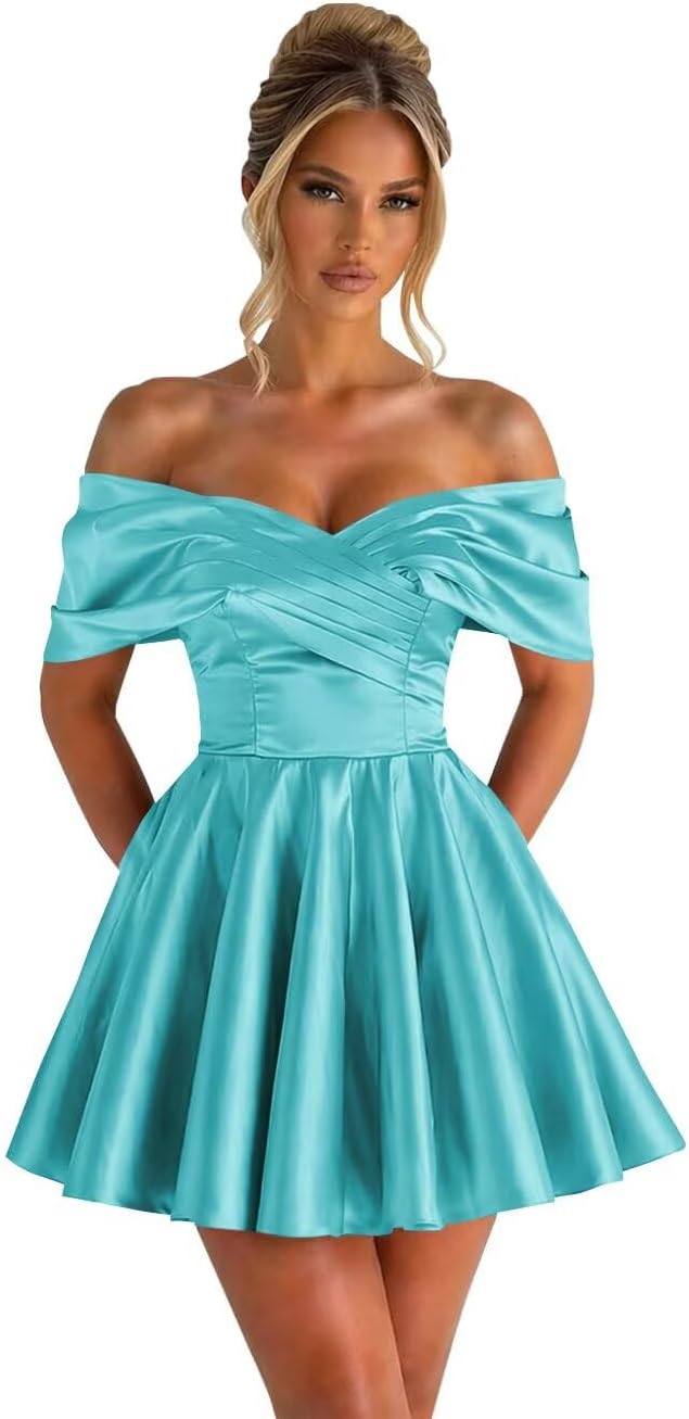 Off Shoulder Satin Homecoming Dresses for Teens 2026 Short Prom Dress A-line Pleated Cocktail Party Gowns