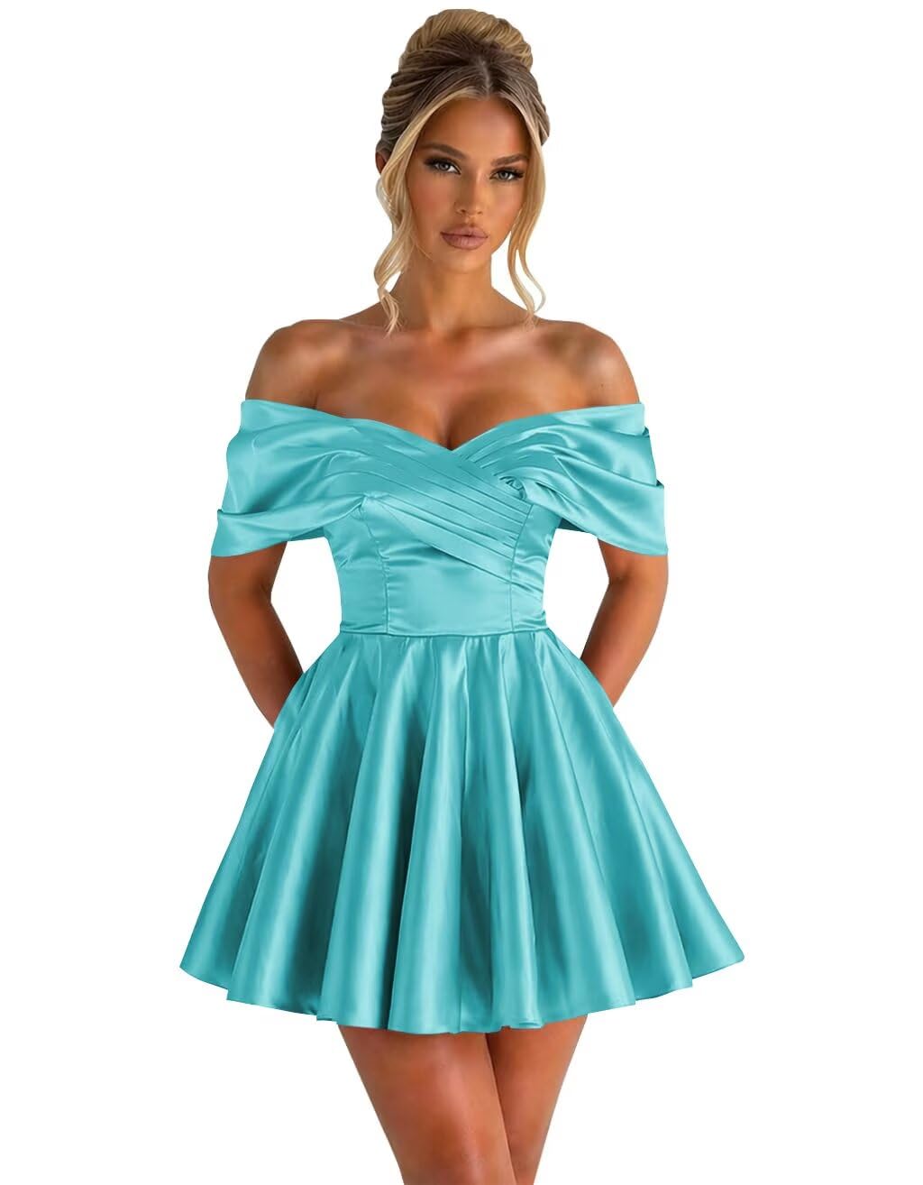 Off Shoulder Satin Homecoming Dresses for Teens 2026 Short Prom Dress A-line Pleated Cocktail Party Gowns