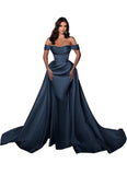 Mermaid Satin Prom Dresses for Women 2027 Long Off Shoulder Ruched Corset Formal Evening Dress Detachable Train