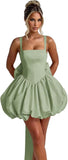 Satin Homecoming Dresses for Teens 2026 Spaghetti Straps Puffy Mini Cocktail Party Dresses with Bow