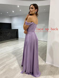 Womens Off Shoulder Prom Evening Dresses Satin Long Formal Wedding Guest Gowns Dress with Slit