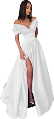 Women’s Off The Shoulder Prom Dresses with Slit Satin Ruched Long Formal Evening Gowns