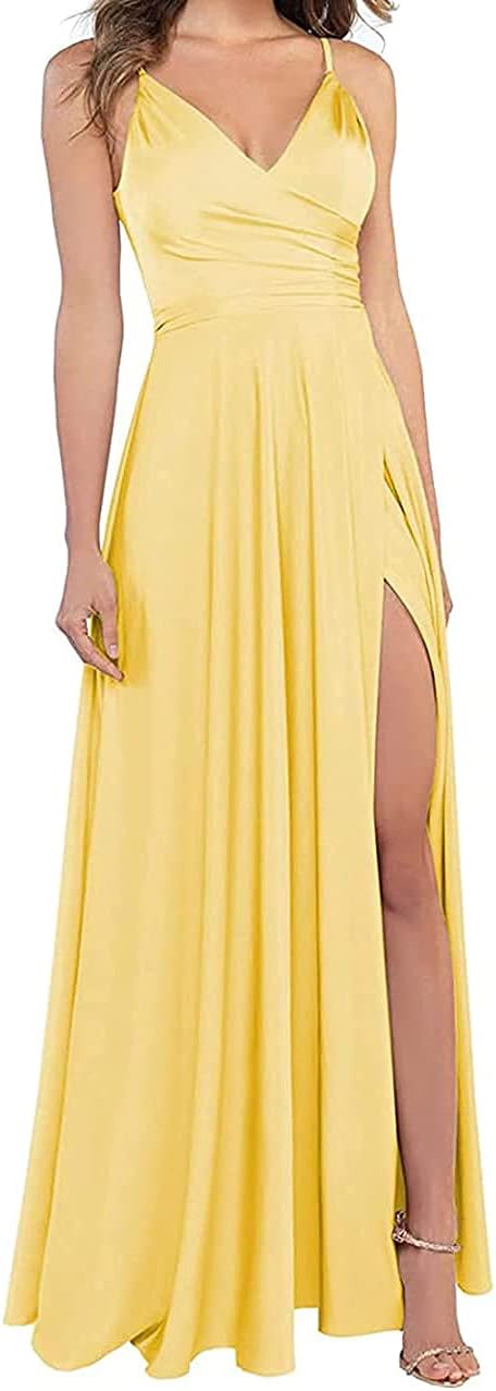 Lange Brautjungfernkleider für Frauen, formelle Satin-Spaghettiträger, Abschlussball- und Abendkleider 
