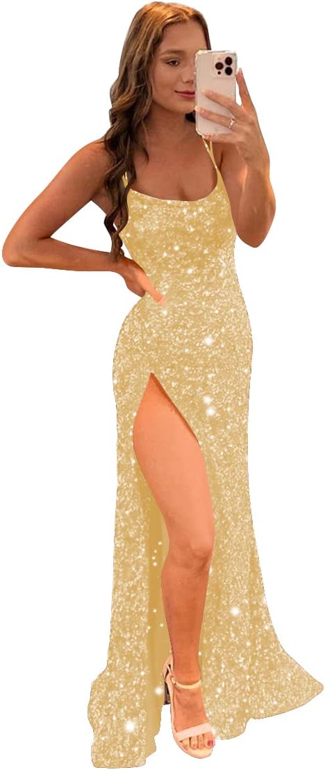 Women's Sequin Mermaid Prom Dresses with Slit Glitter Criss-Cross Long Formal Evening Gowns