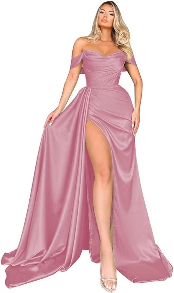 Off Shoulder Satin Bridesmaid Dresses Long Formal Gown for Wedding Ruched Prom Dress with Slit