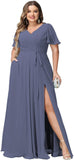 Plus Size Bridesmaid Dresses with Pockets V Neck Chiffon Flutter Sleeves Formal Evening Gowns with Slit