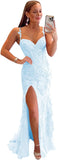 Women's Lace Mermaid Prom Dresses Long with Slit Mermaid Spaghetti Straps Backless Formal Evening Gowns