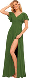 V Neck Bridesmaid Dresses for Women with Slit 2025 Flutter Sleeve Chiffon Pleats Formal Dress with Pockets