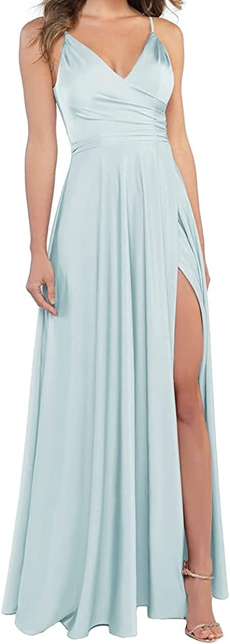 Lange Brautjungfernkleider für Frauen, formelle Satin-Spaghettiträger, Abschlussball- und Abendkleider 