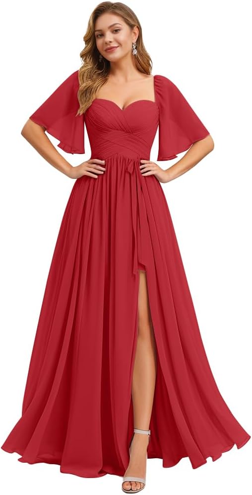 Women's Chiffon Bridesmaid Dresses for Wedding Flutter Sleeves Ruched A Line Long Formal Dress with Slit