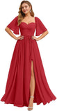 Women's Chiffon Bridesmaid Dresses for Wedding Flutter Sleeves Ruched A Line Long Formal Dress with Slit