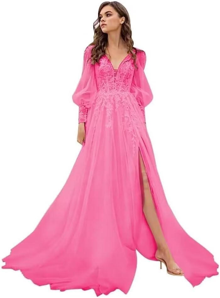 Long Sleeve Tulle Prom Evening Dresses Long Lace Applique A Line Ball Gown 2027