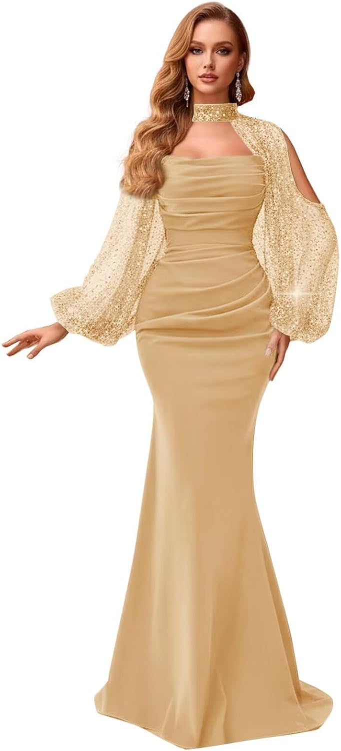 Kingbridal Gowns Long Sleeve Prom Dresses 2026 Mermaid Satin Formal Dress for Women Sparkly Sequin Halter Neck Evening Party Gowns