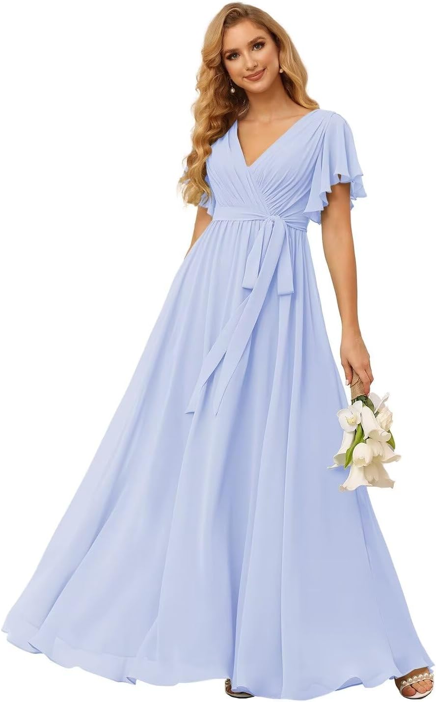 Damen Brautjungfernkleider mit Flatterärmeln, lang, mit Taschen, V-Ausschnitt, Chiffon, formelle Kleider 