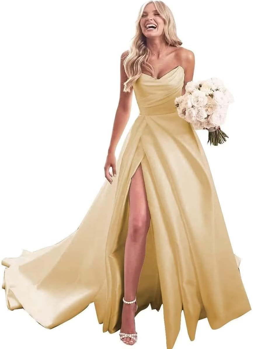 Trägerloses Ballkleid, langes Ballkleid, Satin-Brautkleid für die Braut, A-Linie, formelle Abendkleider mit Schlitz 