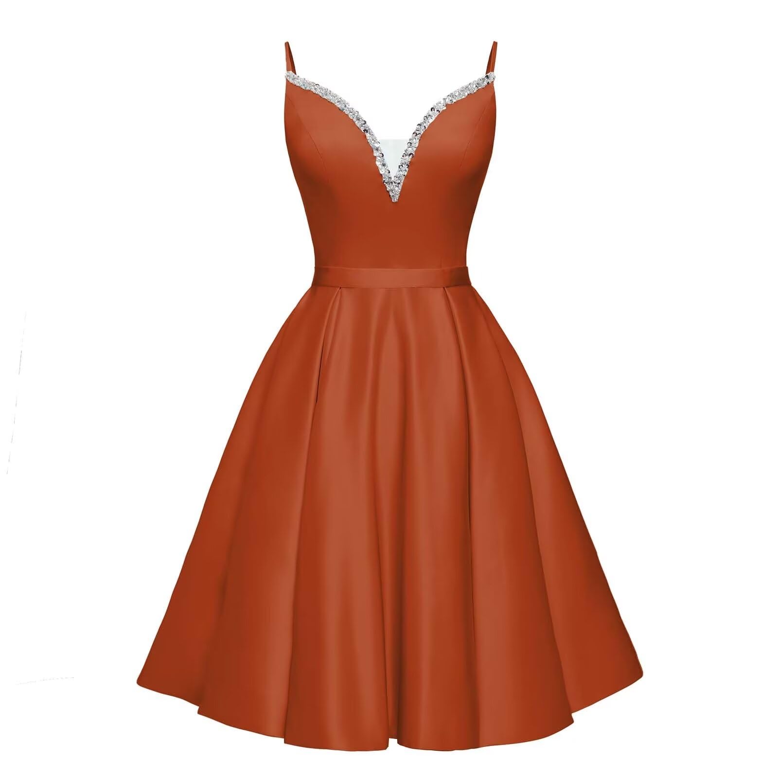 Spaghetti Straps Satin Homecoming Dresses for Teens V-Neck Short Prom Dress A-Line Beaded Cocktail Party Gowns