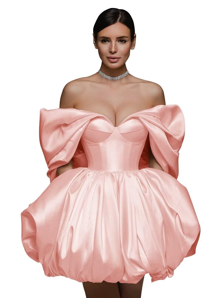 Off The Shoulder Short Wedding Dresses for Bride Puffy Satin Bridal Dresses w/Pockets Strapless Formal Ball Gowns
