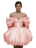 Off The Shoulder Short Wedding Dresses for Bride Puffy Satin Bridal Dresses w/Pockets Strapless Formal Ball Gowns