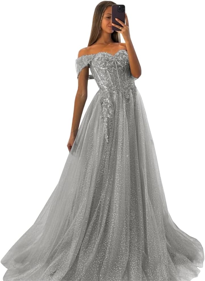 Off The Shoulder Tulle Prom Dresses 2027 Lace Applique A Line Long Sparkly Formal Evening Party Gowns