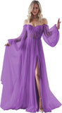Women's Puffy Long Sleeve Prom Dresses with Slit Off Shoulder Tulle Wedding Formal Evening Gowns