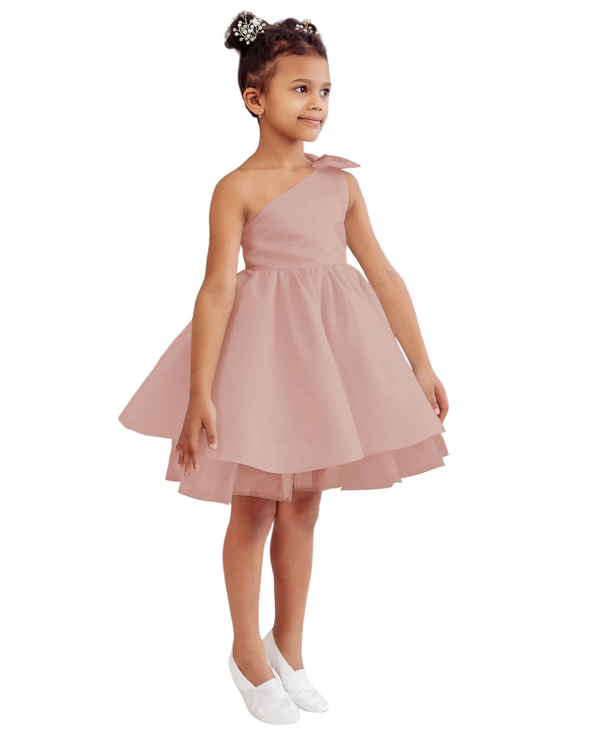 One Shoulder Flower Girl Dresses for Wedding Toddler Short Tutu Satin Tulle Girl Dress for Birthday Formal Party