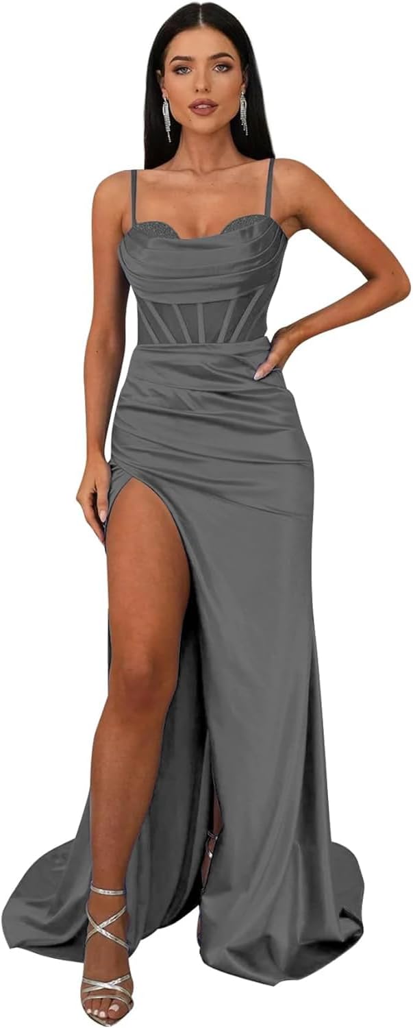Ballkleider mit Wasserfallausschnitt, langen Spaghettiträgern, Illusion-Meerjungfrauen-Korsett, formelles Abendkleid mit Schlitz 