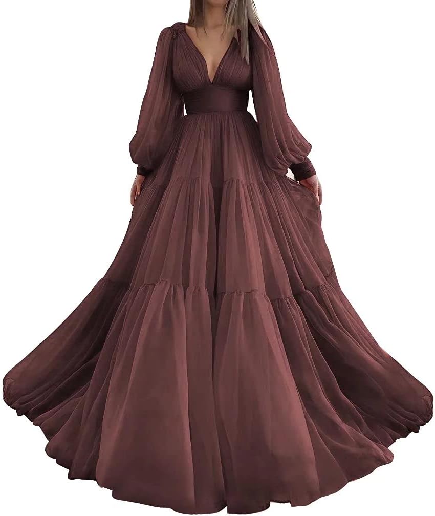 Langes Ballkleid mit Puffärmeln, Tüll, Ballkleid für Damen, Brautkleider, V-Ausschnitt, formelle Abendkleider