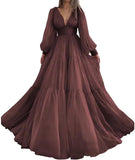 Langes Ballkleid mit Puffärmeln, Tüll, Ballkleid für Damen, Brautkleider, V-Ausschnitt, formelle Abendkleider