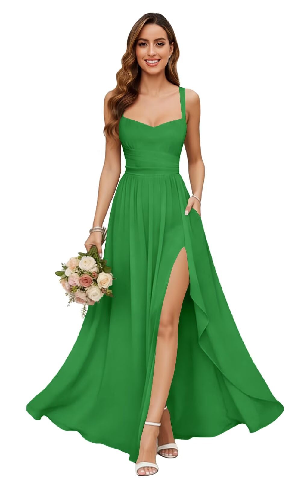 Chiffon Bridesmaid Dresses for Women Long Spaghetti Straps A-line Pleated Formal Evening Party Gowns with Pockets