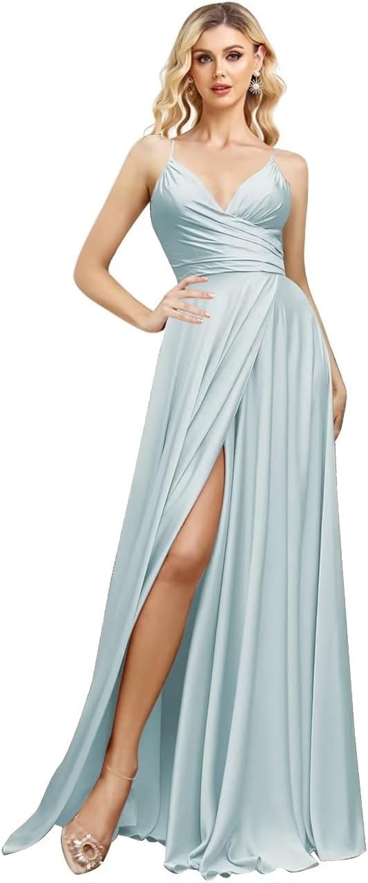 V Neck Satin Bridesmaid Dresses Spaghetti Straps Prom Dress Slit Wedding Formal Evening Party Dress