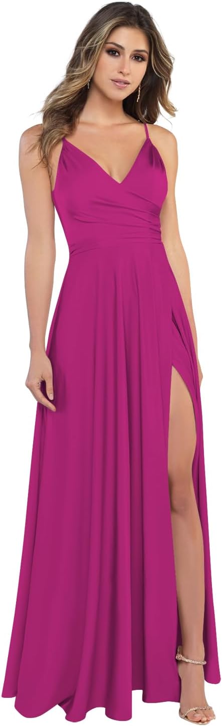 Damen-Brautjungfernkleider aus Satin mit V-Ausschnitt und Schlitz, Spaghettiträgern, formelle Ballkleider mit Taschen 