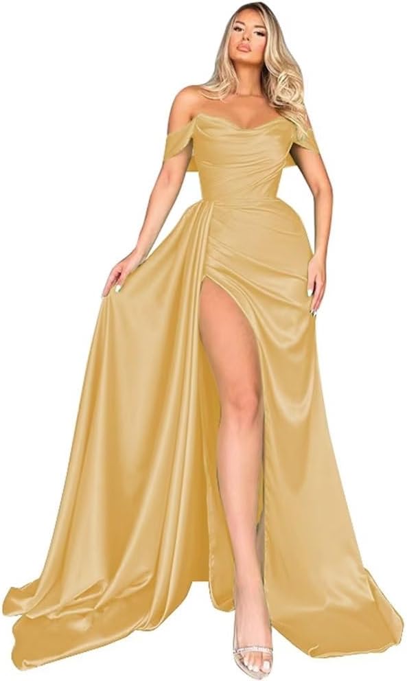 Off Shoulder Satin Bridesmaid Dresses Long Formal Gown for Wedding Ruched Prom Dress with Slit
