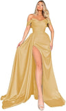Off Shoulder Satin Bridesmaid Dresses Long Formal Gown for Wedding Ruched Prom Dress with Slit
