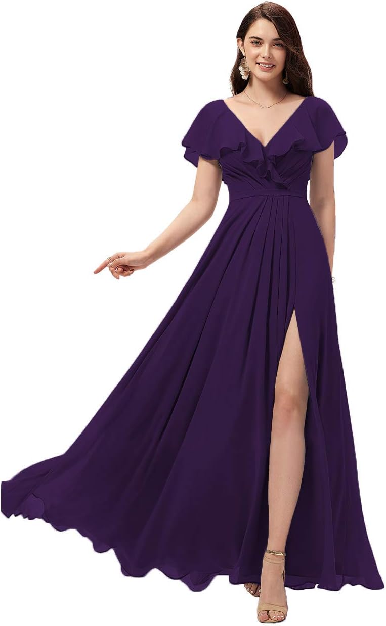 Vestidos de dama de honor largos con escote en V y volantes de gasa para mujer, vestidos de noche formales