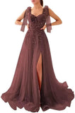 Appliques Tulle Lace Prom Dresses with Slit Spaghetti Straps Formal Evening Dress Sweetheart Ball Gowns
