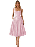 Floral Jacquard Satin Prom Dresses for Women Tea Length Formal Evening Party Dress with Pockets