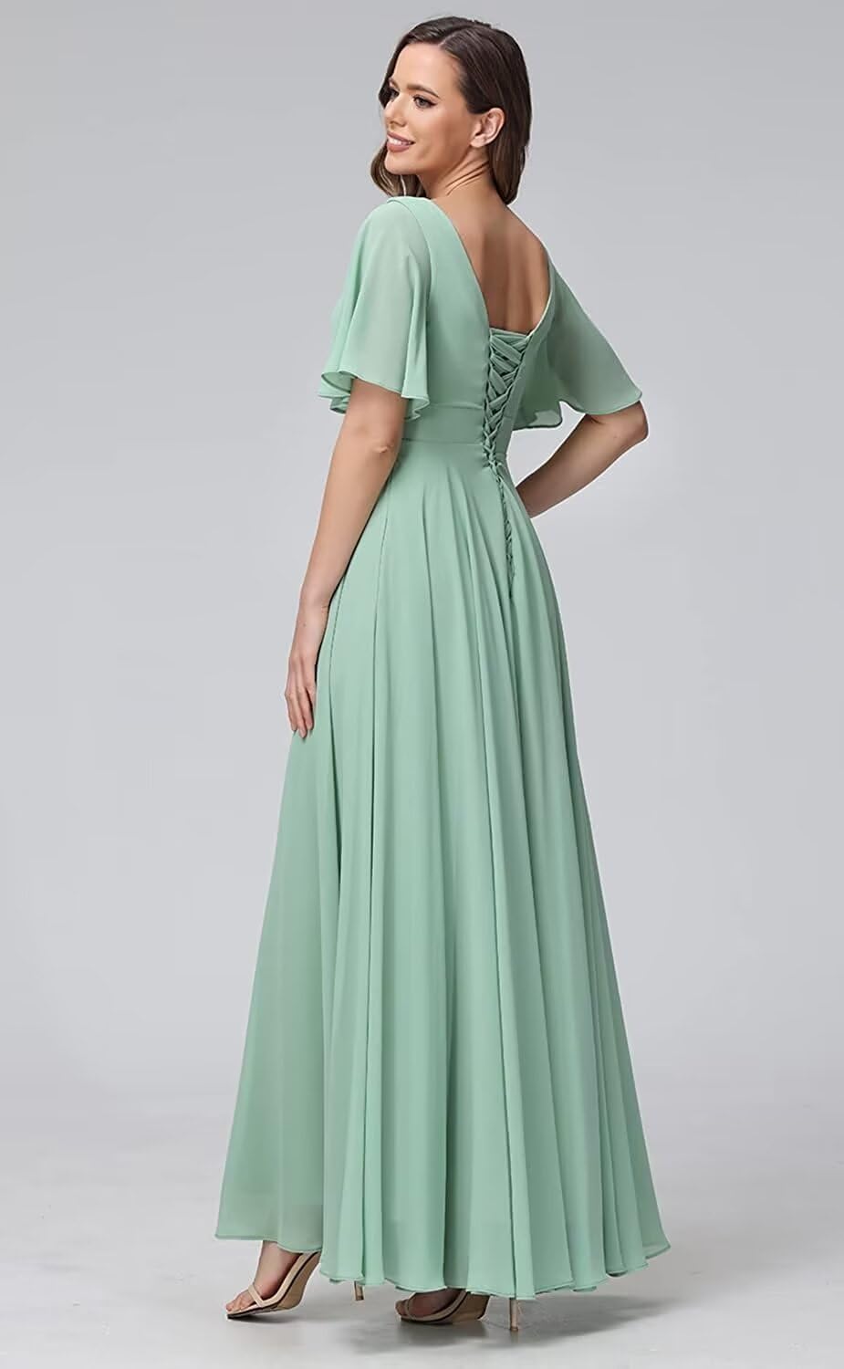 Damen Brautjungfernkleider mit Flatterärmeln, lang, mit Schlitz, V-Ausschnitt, Chiffon, formelle Kleider 