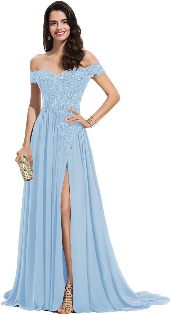 Women's Off The Shoulder Long Prom Dresses with Slit Lace Appliqued Chiffon Formal Party Gowns