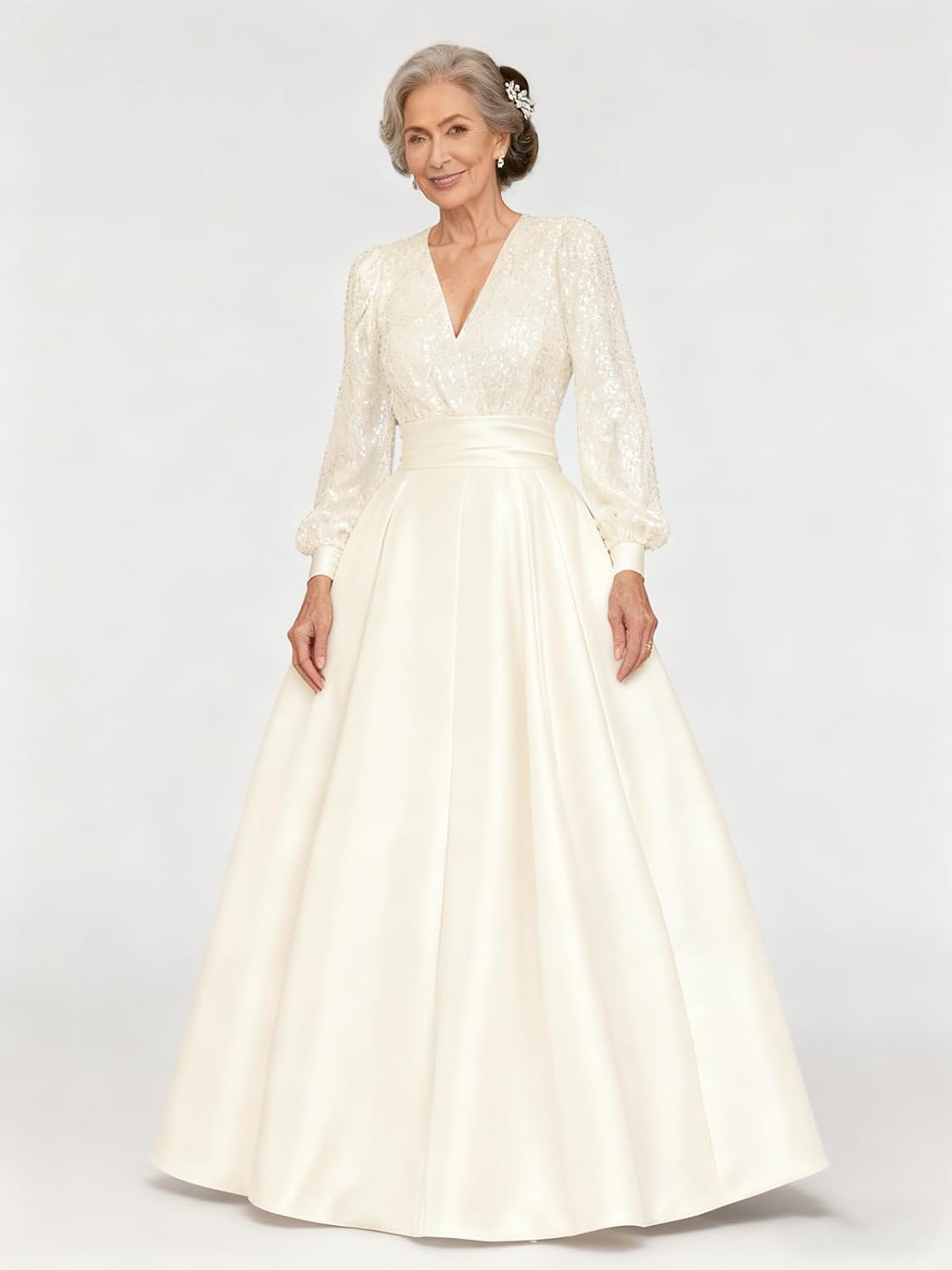 Satin Mother of Bride Dresses Long for Women Sequin Long Sleeve Evening Gown with Pockets
