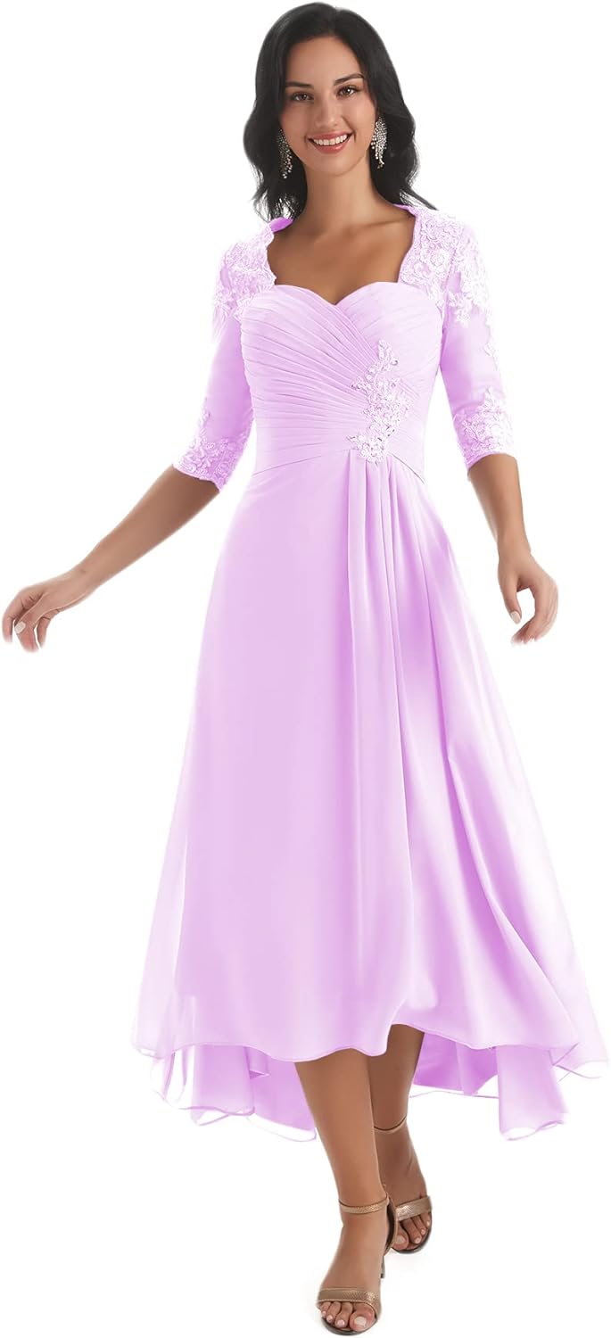 Women's Tea Length Mother of The Bride Dresses for Wedding Short Sleeves Lace Applique Formal Evening Prom Gowns