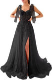 Appliques Tulle Lace Prom Dresses with Slit Spaghetti Straps Formal Evening Dress Sweetheart Ball Gowns