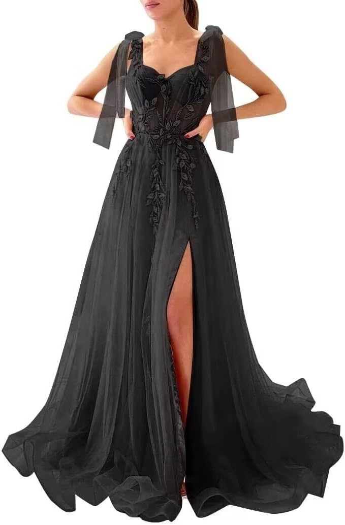 Appliques Tulle Lace Prom Dresses with Slit Spaghetti Straps Formal Evening Dress Sweetheart Ball Gowns