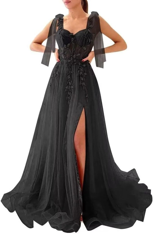 Appliques Tulle Lace Prom Dresses with Slit Spaghetti Straps Formal Evening Dress Sweetheart Ball Gowns