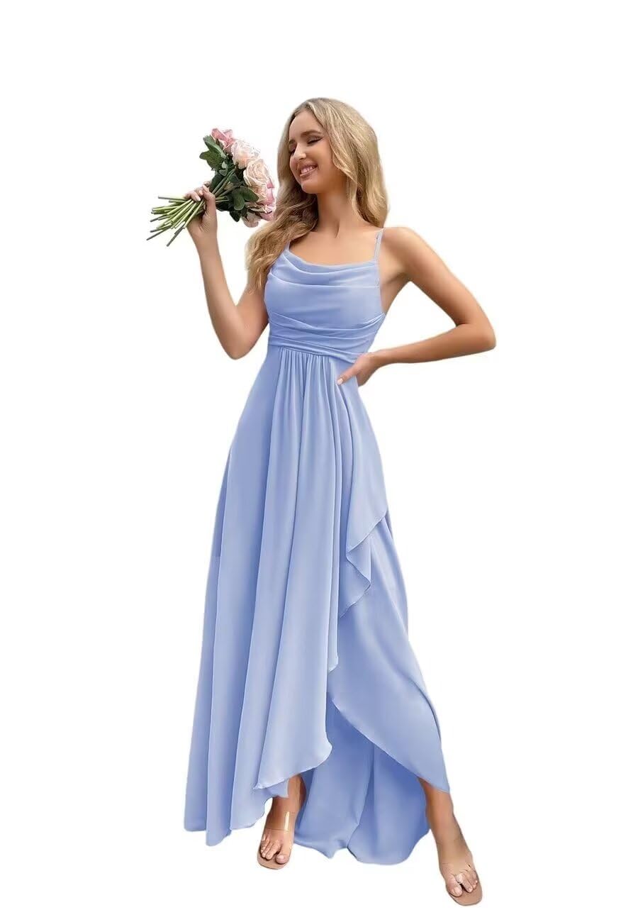 Spaghetti Strap Chiffon Bridesmaid Dresses for Women Long Ruched A-Line Cowl Neck Formal Evening Gowns with Slit