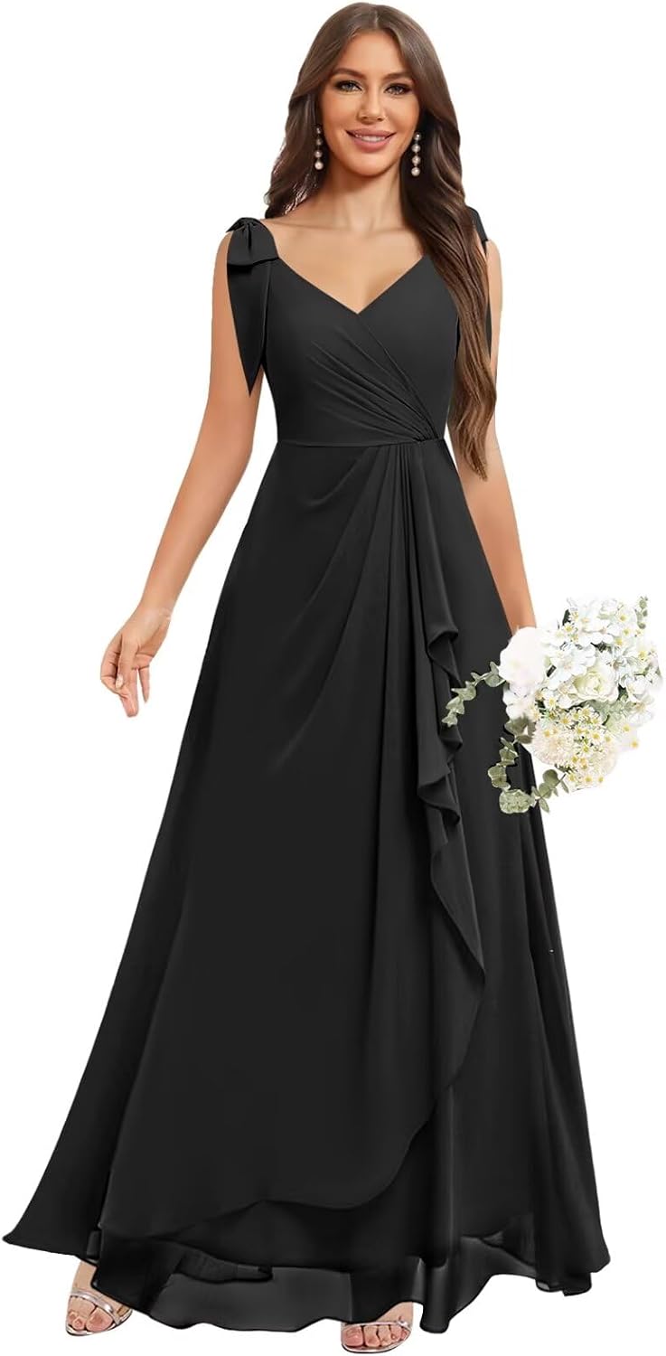 Chiffon Bridesmaid Dresses for Women Ruffles V Neck Flowy Long Formal Evening Dress with Bow