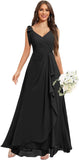 Chiffon Bridesmaid Dresses for Women Ruffles V Neck Flowy Long Formal Evening Dress with Bow