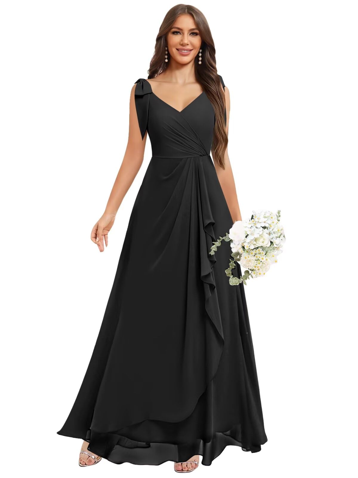 Chiffon Bridesmaid Dresses for Women Ruffles V Neck Flowy Long Formal Evening Dress with Bow