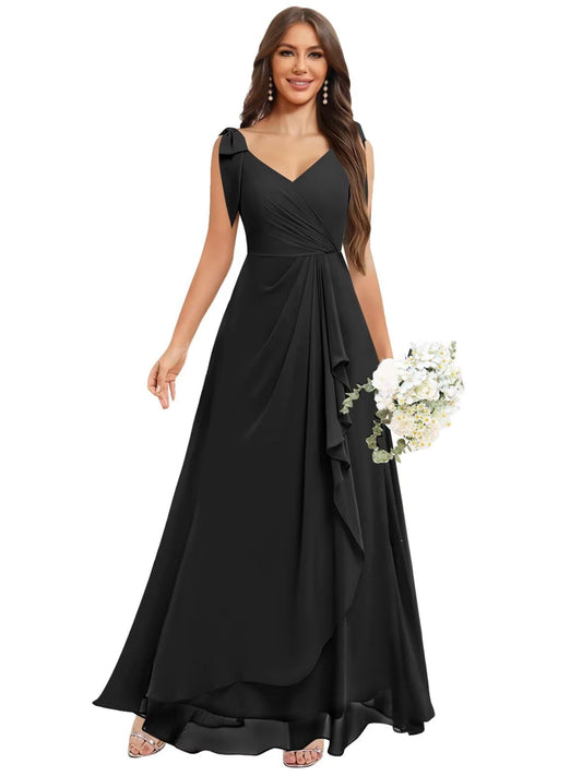 Chiffon Bridesmaid Dresses for Women Ruffles V Neck Flowy Long Formal Evening Dress with Bow